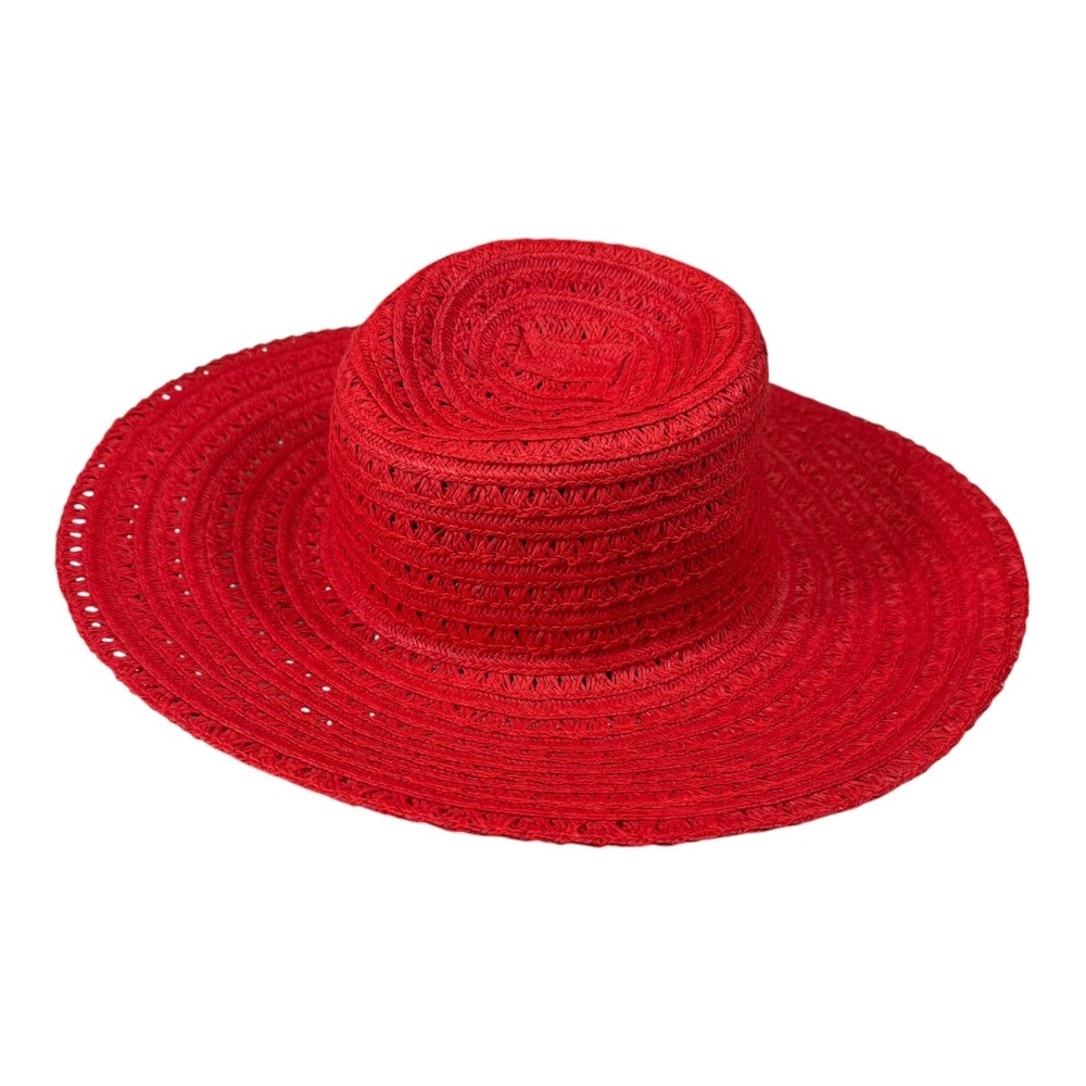 Red Straw Sun Hat Wide Brim Perforated Summer Beach Vacation Retro - Picture 3 of 5